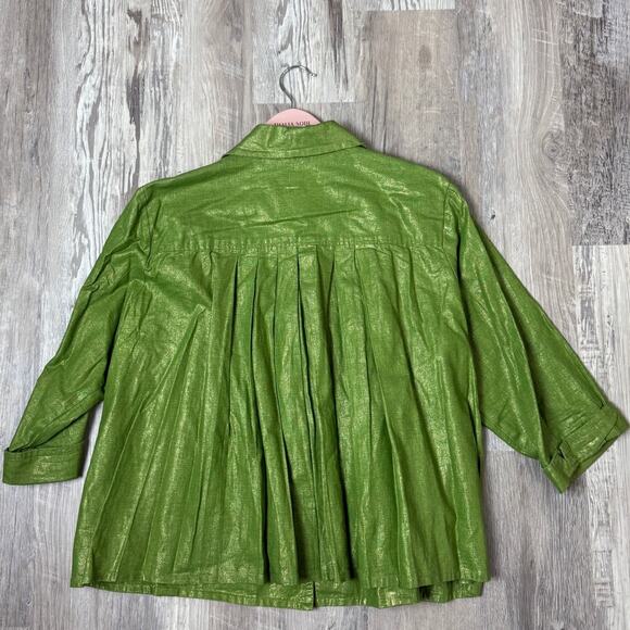 Chico’s Metallic Green Linen Blend Swing Jacket Women’s Size XL Shimmer Coat - Picture 2 of 8